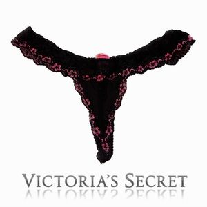 Victoria’s Secret Black Pink Floral Lace Thong Low Rise Size L
